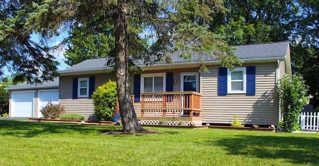 ranch-style house with a garage and a front lawn