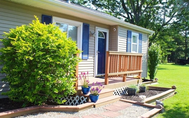 property entrance with a lawn