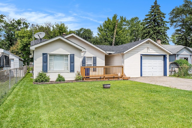 ranch-style home featuring a garage, a wooden deck, and a front yard