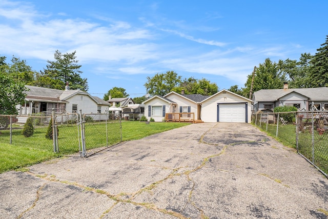 single story home with a garage and a front lawn