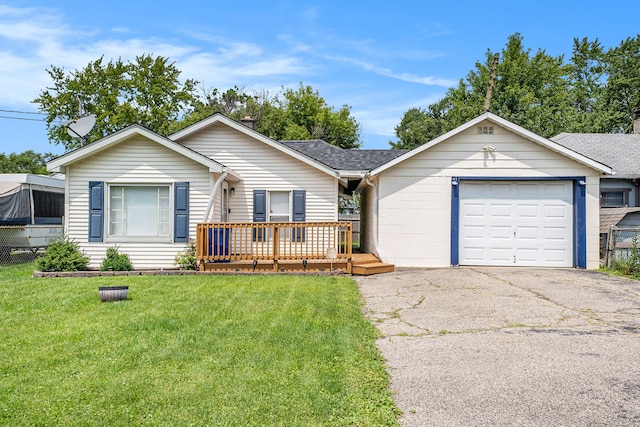 ranch-style home with a wooden deck, a garage, and a front lawn