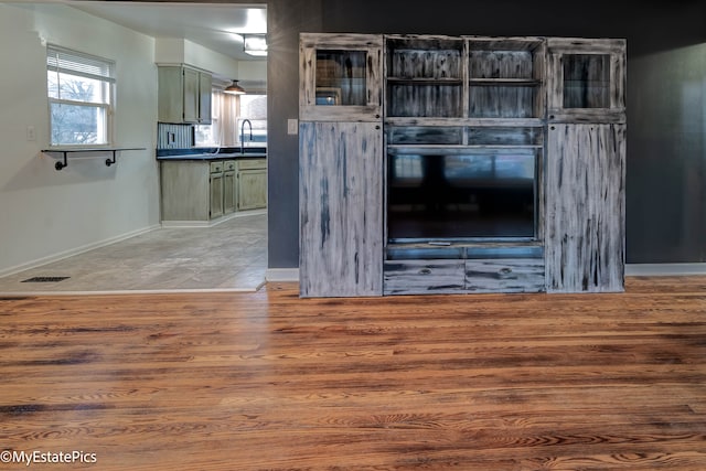 kitchen with sink, wood-type flooring, and green cabinetry