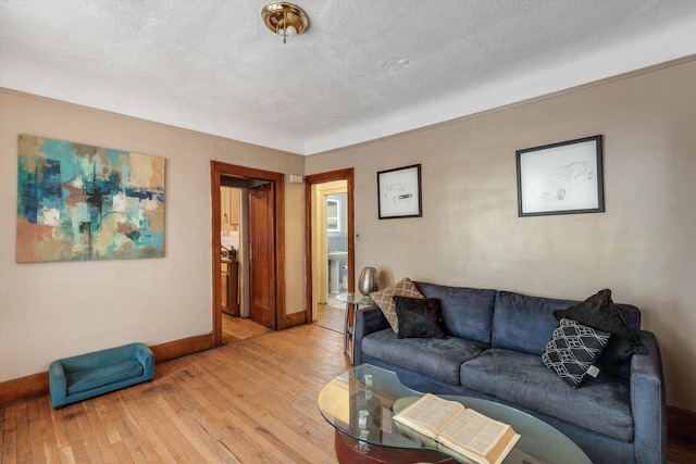 living room with light hardwood / wood-style floors and a textured ceiling