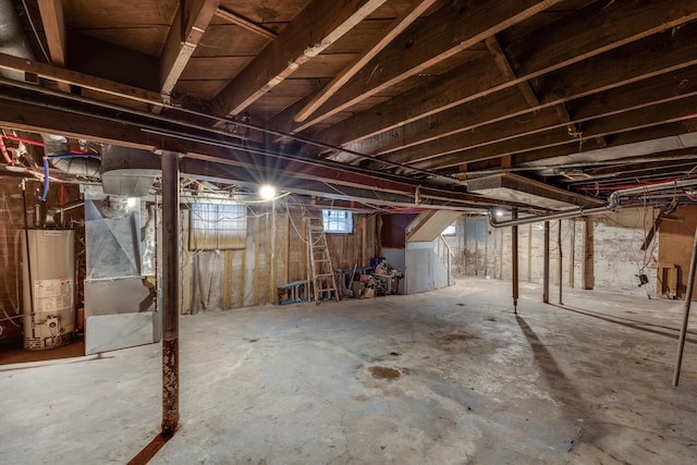 basement with heating unit and gas water heater