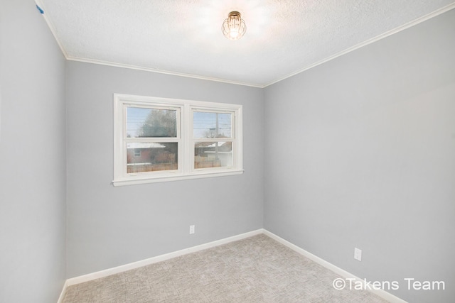 empty room with crown molding, light colored carpet, and a textured ceiling