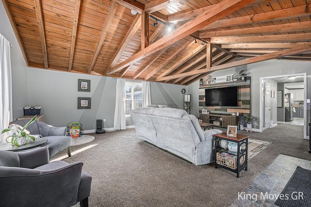 carpeted living room featuring lofted ceiling with beams and wooden ceiling