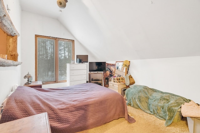 bedroom with carpet floors and vaulted ceiling