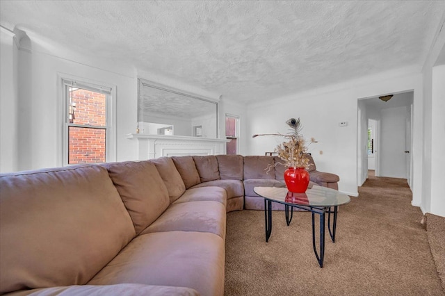 living area with a textured ceiling, baseboards, and light colored carpet