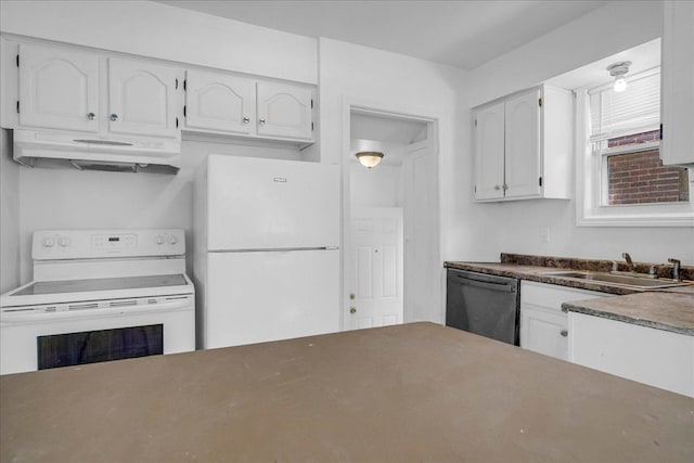 kitchen featuring white appliances, a sink, white cabinets, and under cabinet range hood