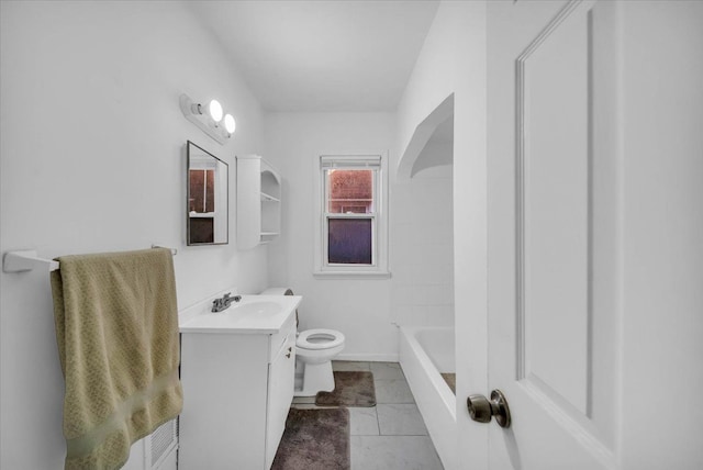 full bath with toilet, a tub, tile patterned flooring, and vanity