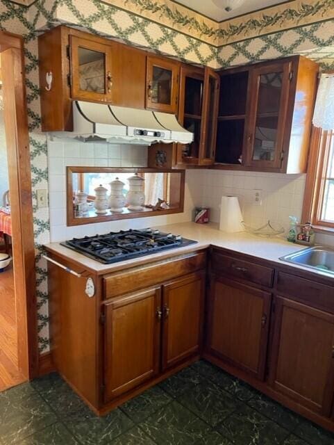 kitchen with black gas cooktop, sink, and decorative backsplash