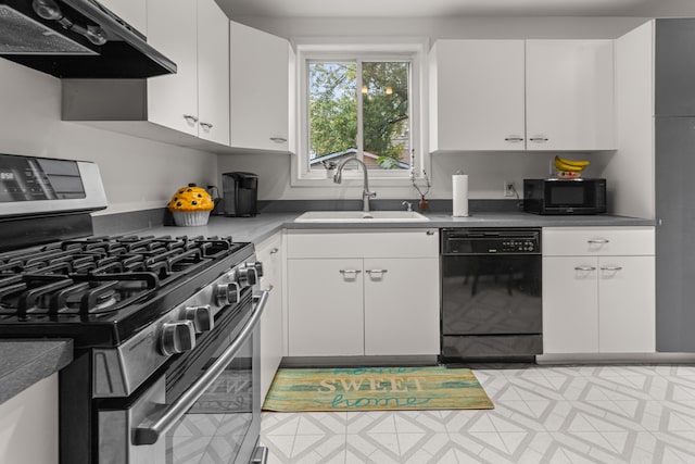 kitchen with extractor fan, black appliances, sink, and white cabinets