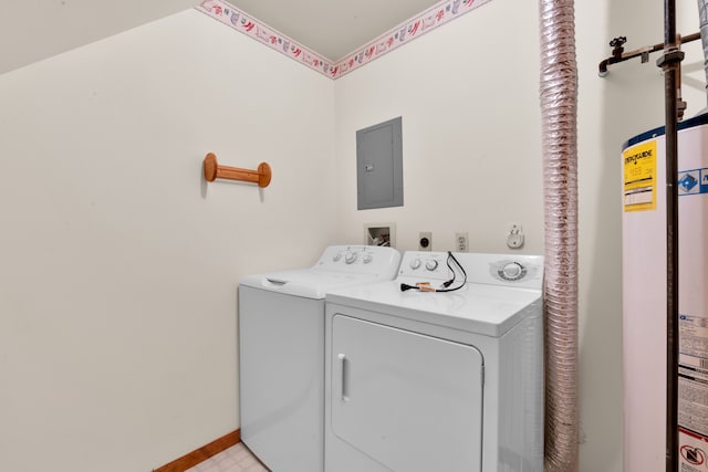 clothes washing area with gas water heater, washing machine and clothes dryer, and electric panel