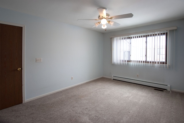 unfurnished room featuring carpet, a baseboard heating unit, and ceiling fan