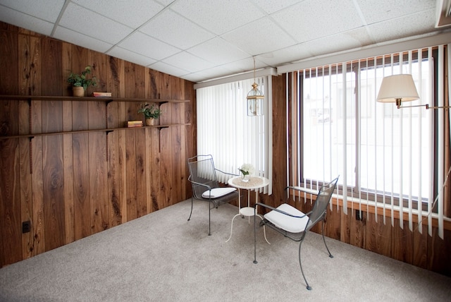 sitting room featuring carpet flooring, a paneled ceiling, and wood walls