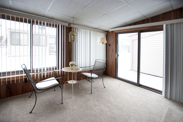 sitting room featuring a paneled ceiling, lofted ceiling, and carpet flooring