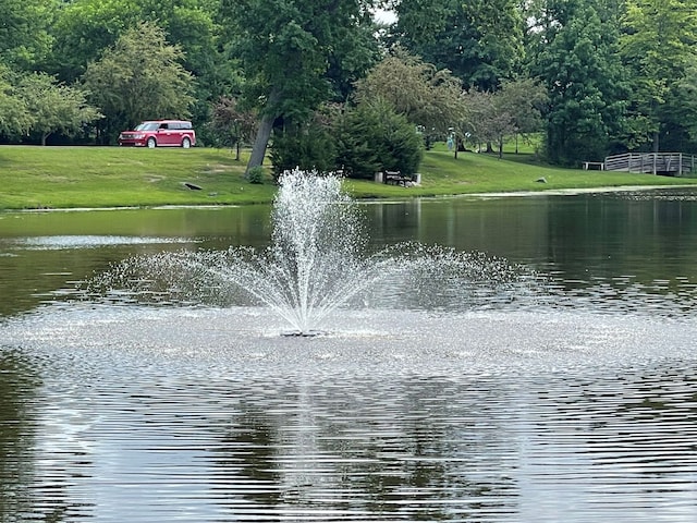 view of community featuring a water view and a yard