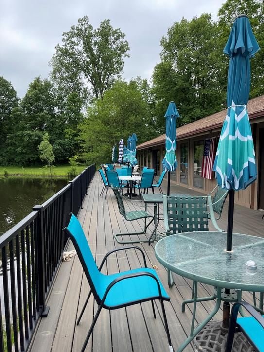 wooden deck with a water view