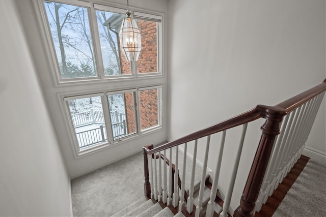 stairway featuring a healthy amount of sunlight, a chandelier, and carpet flooring