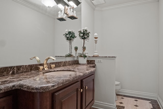 half bath featuring visible vents, toilet, ornamental molding, vanity, and baseboards