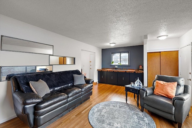 living room with wood-type flooring, sink, and a textured ceiling