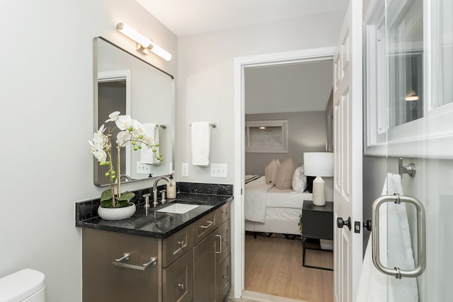 bathroom with wood-type flooring, vanity, and toilet