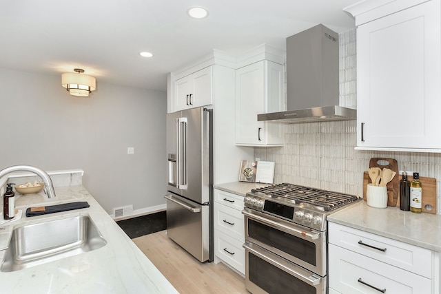 kitchen with wall chimney range hood, sink, white cabinetry, stainless steel appliances, and decorative backsplash