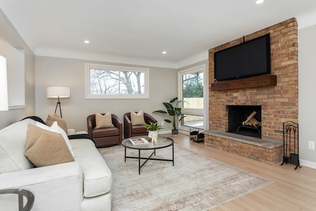 living room with hardwood / wood-style flooring and a fireplace