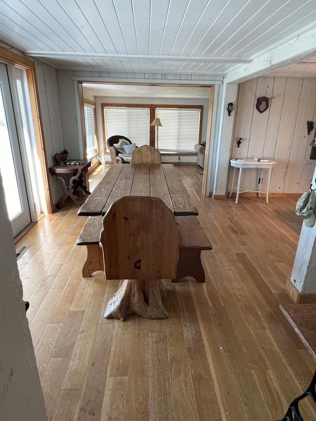 interior space featuring wooden walls, wooden ceiling, a healthy amount of sunlight, and light wood-type flooring