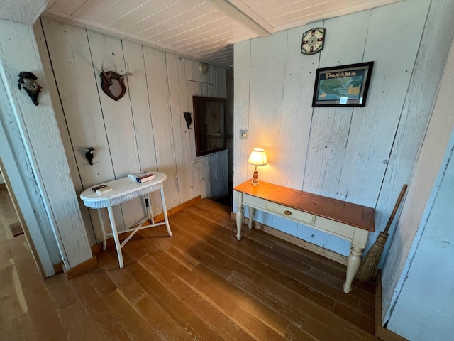 interior space featuring wood-type flooring and wood walls