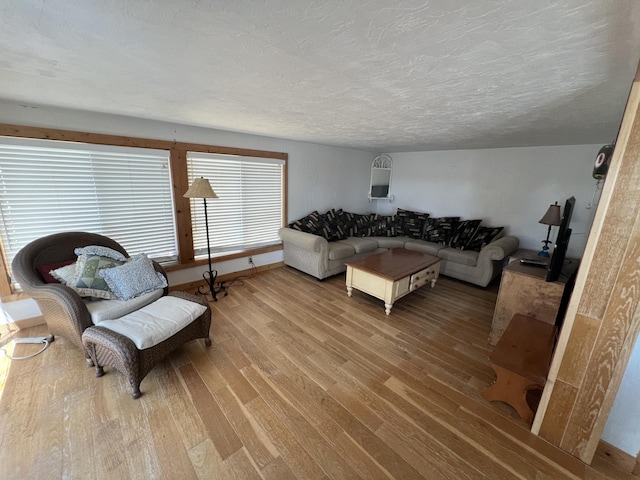 living room with a textured ceiling and light wood-type flooring