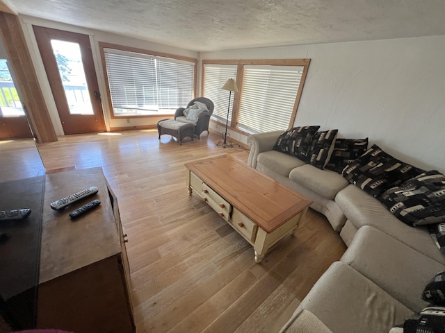 living room featuring light hardwood / wood-style flooring and a textured ceiling