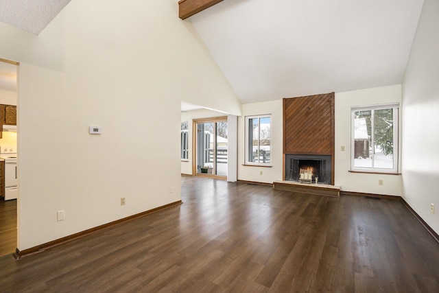 unfurnished living room featuring plenty of natural light, dark hardwood / wood-style floors, and a fireplace