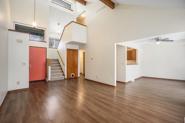 unfurnished living room featuring ceiling fan, high vaulted ceiling, dark wood-type flooring, and beam ceiling