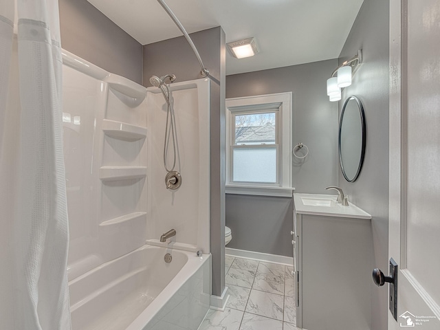 full bathroom with vanity, toilet, and shower / bath combo