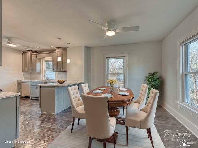 dining area with sink, dark hardwood / wood-style floors, and ceiling fan