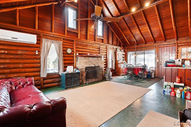 living room featuring a wall mounted air conditioner, wood ceiling, a healthy amount of sunlight, and ceiling fan