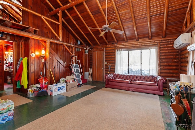 game room featuring wood ceiling, ceiling fan, beam ceiling, high vaulted ceiling, and an AC wall unit