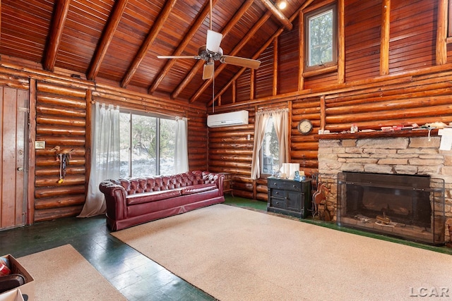 unfurnished living room with high vaulted ceiling, beamed ceiling, a wall mounted AC, rustic walls, and wooden ceiling