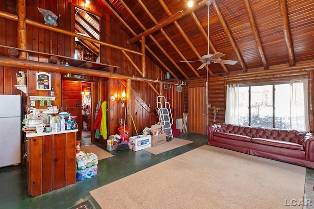 unfurnished living room featuring log walls, beam ceiling, high vaulted ceiling, and wooden ceiling