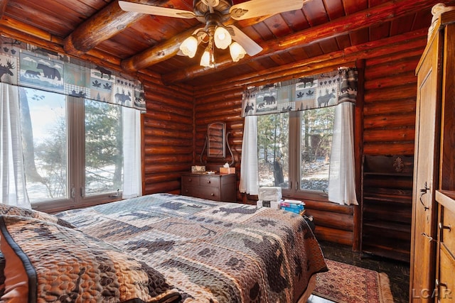 bedroom featuring wooden ceiling and beamed ceiling