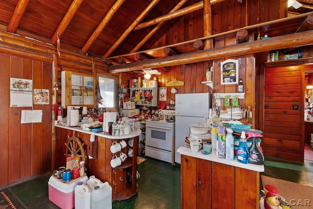 kitchen featuring wooden walls, lofted ceiling with beams, ceiling fan, wooden ceiling, and white appliances