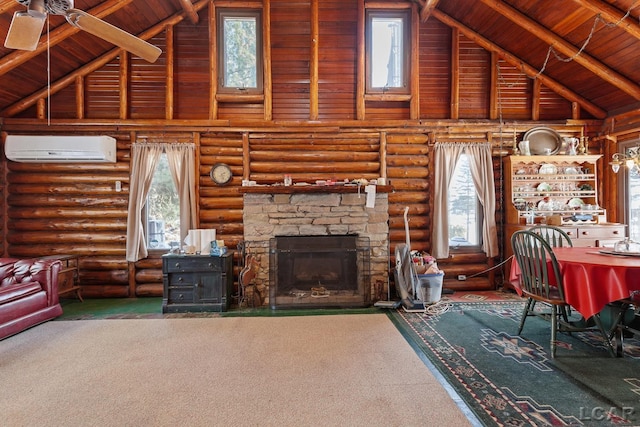 living room with wood ceiling, high vaulted ceiling, an AC wall unit, and carpet flooring