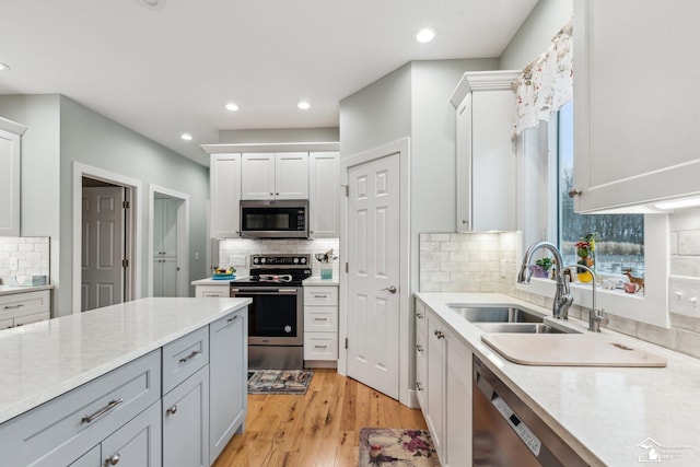 kitchen with sink, white cabinetry, stainless steel appliances, light hardwood / wood-style floors, and backsplash