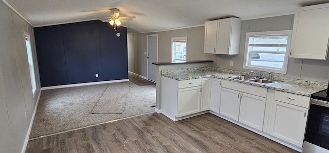 kitchen with sink, hardwood / wood-style flooring, white cabinetry, range with electric cooktop, and ornamental molding