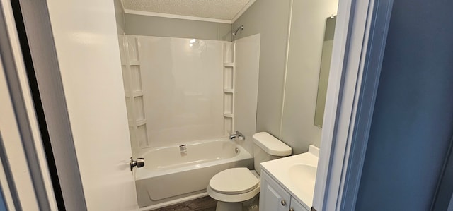 full bathroom with shower / bathtub combination, vanity, toilet, and a textured ceiling