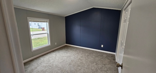 carpeted empty room with lofted ceiling and a textured ceiling