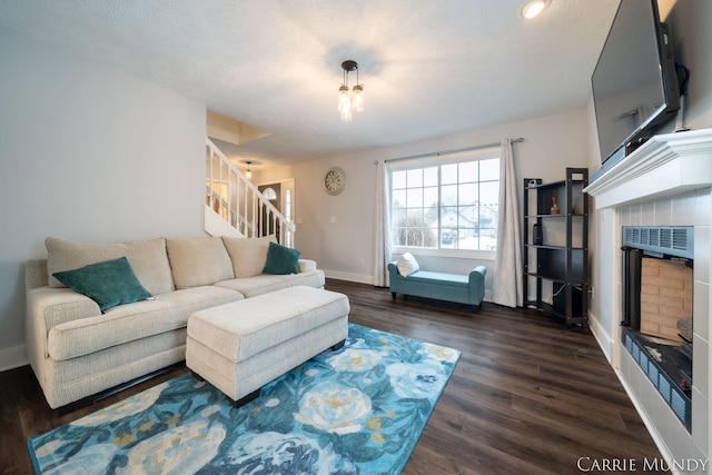 living room featuring dark wood-type flooring