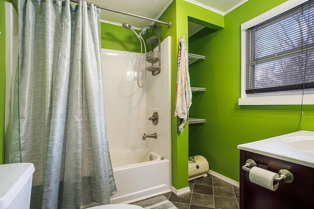 full bathroom featuring tile patterned flooring, shower / tub combo, vanity, ornamental molding, and toilet