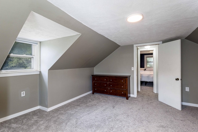 additional living space with vaulted ceiling, light carpet, and a textured ceiling